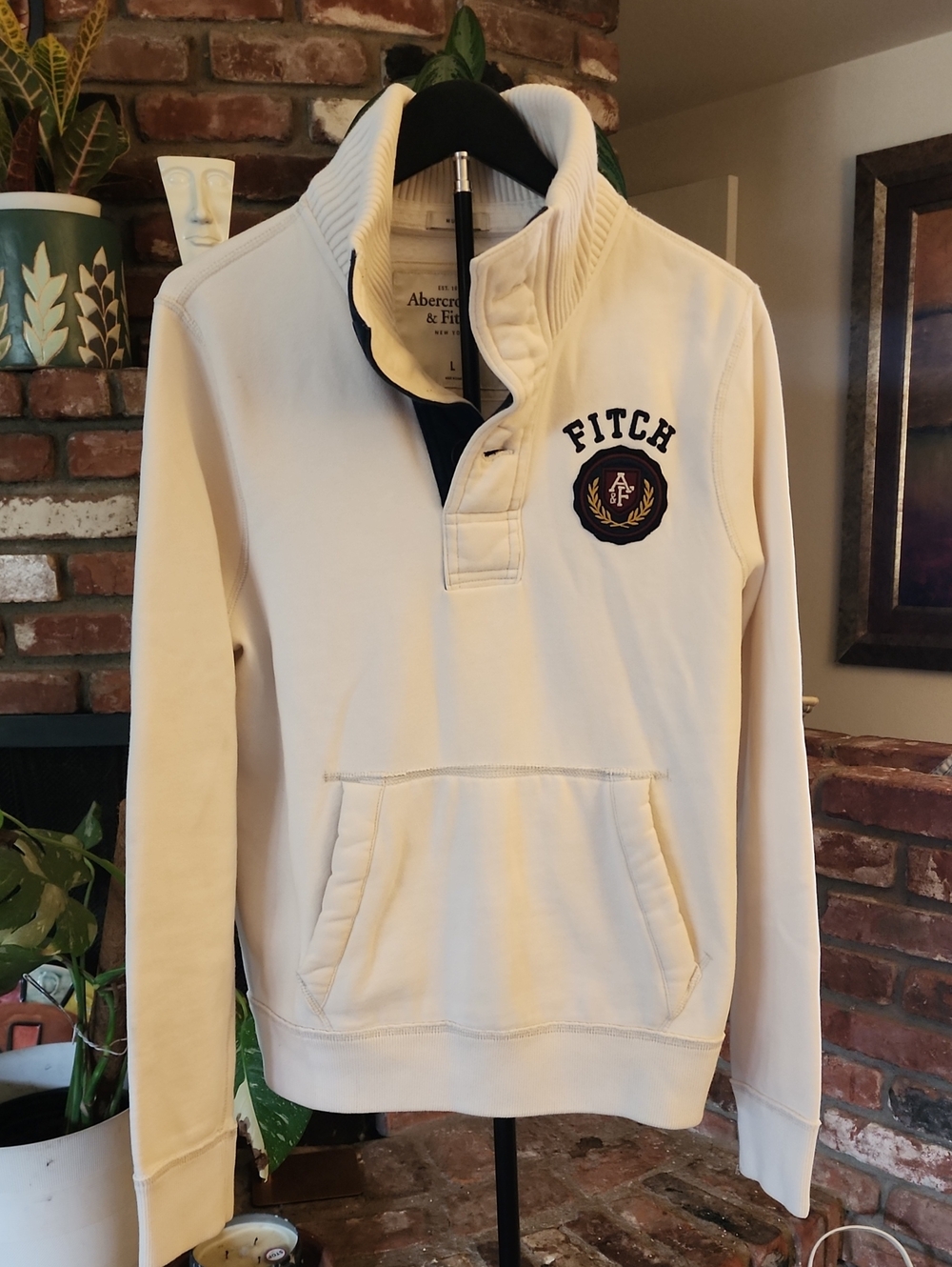 Vintage Abercrombie & Fitch Cream Fitch Crest Quarter-Snap Pullover L